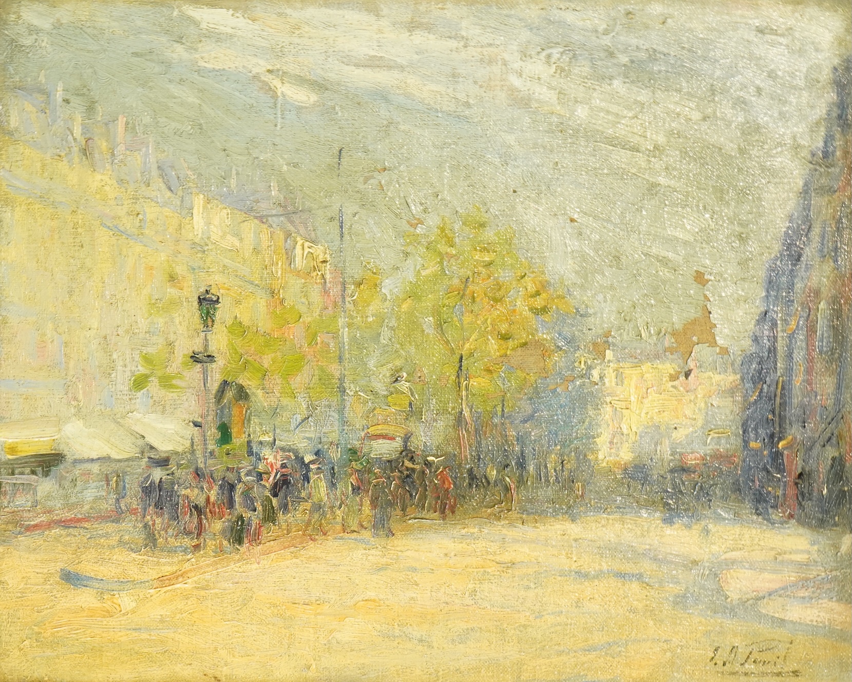 Elie-Anatole Pavil (French, 1873-1948), Street scene with procession, oil on canvas, 33 x 41cm